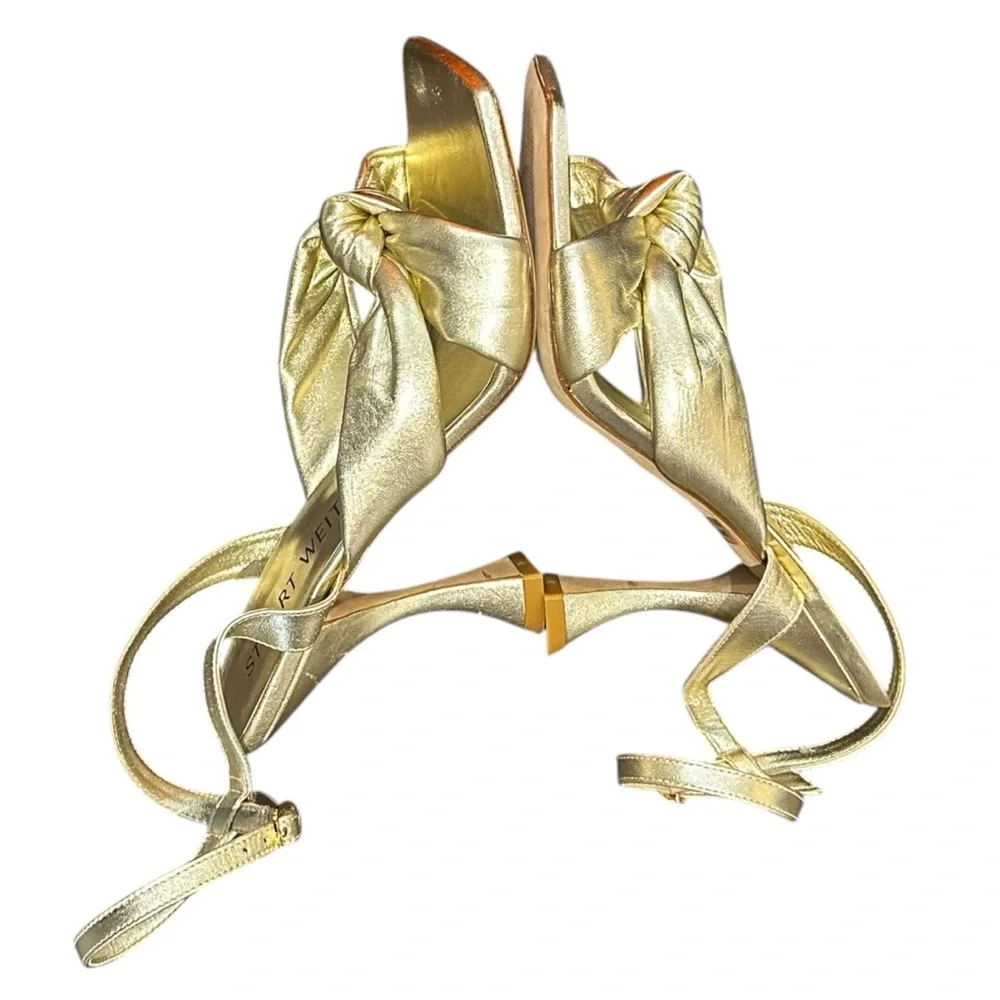 Stuart Weitzman Playa Metallic Leather Square Toe Knotted Ankle Strap Stiletto